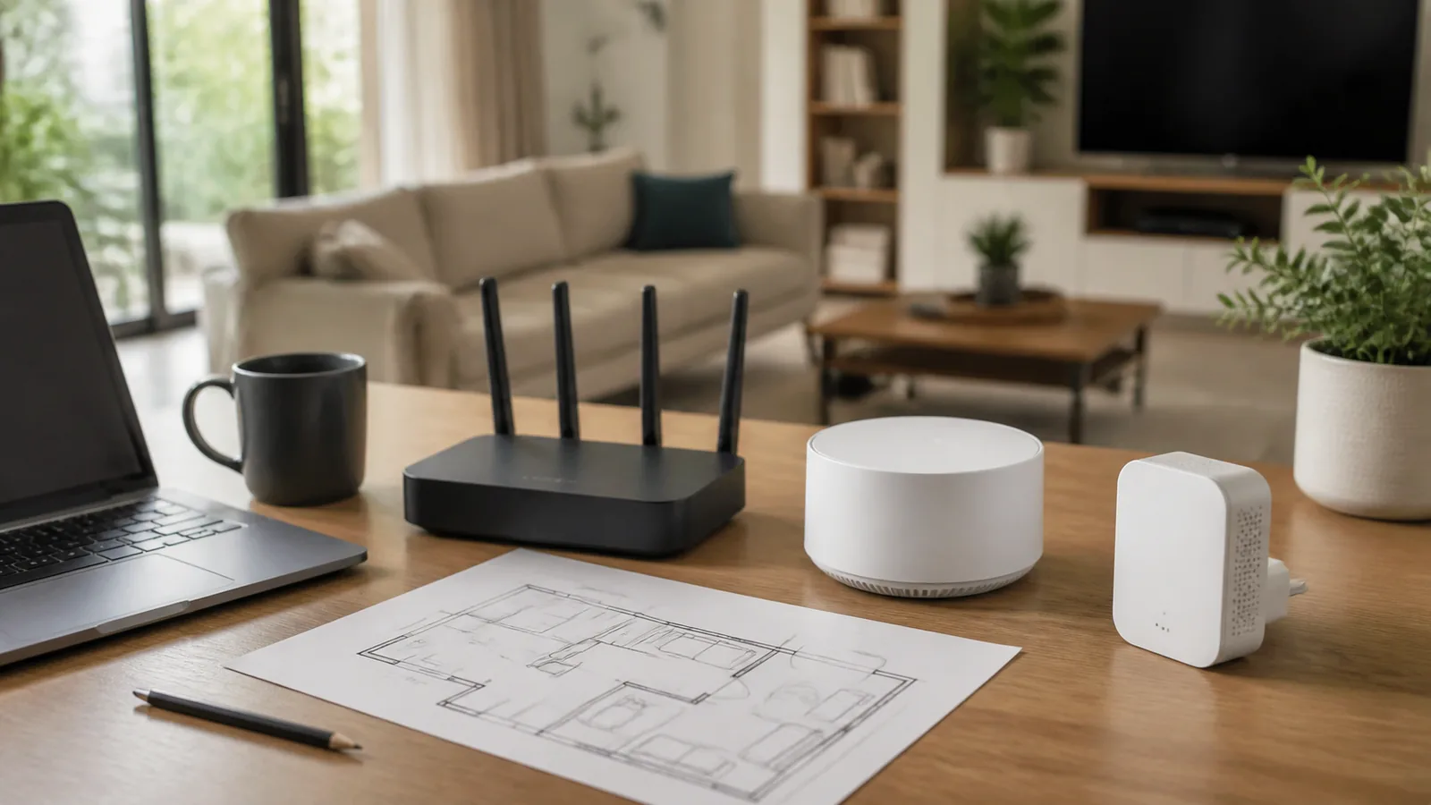 Unbranded router, mesh node, and Wi-Fi extender beside a home floor plan