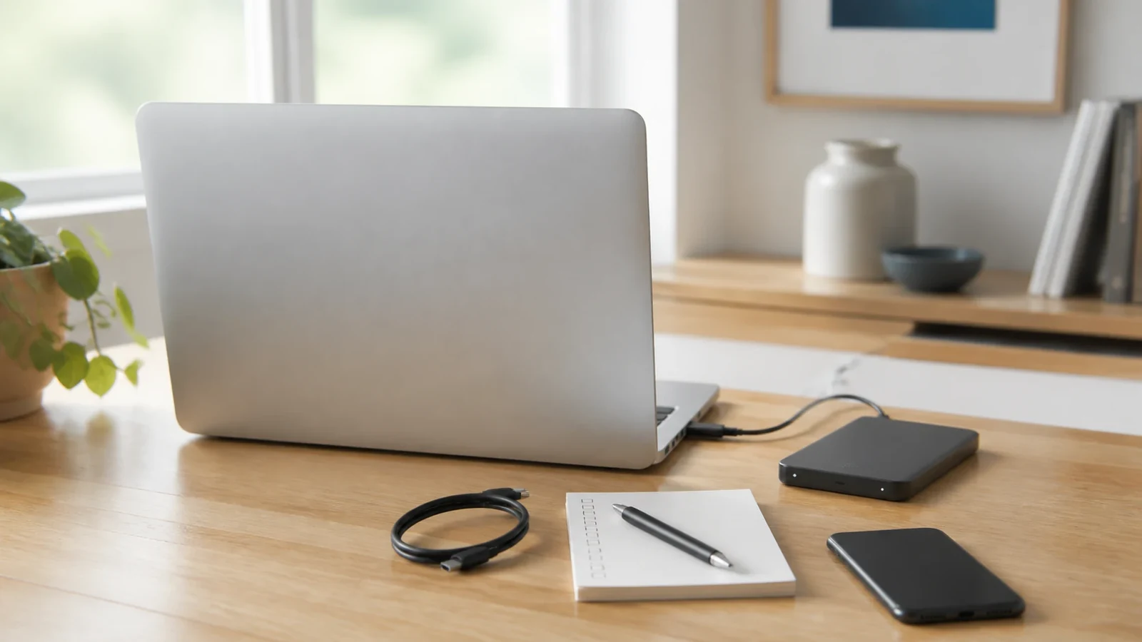 An unbranded laptop and external backup drive on an organized home desk