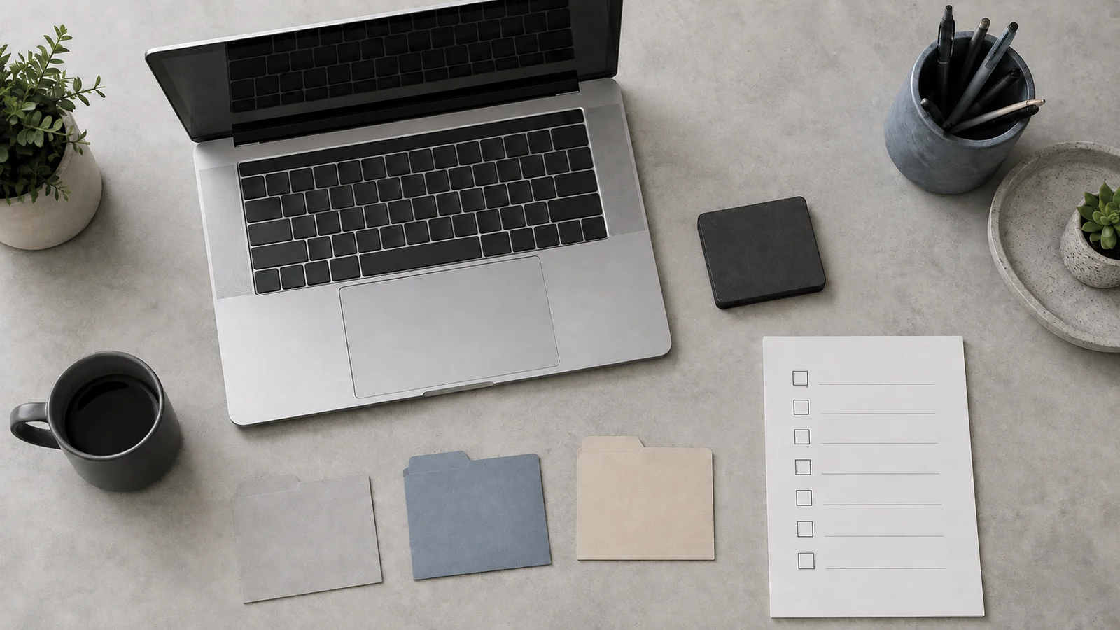 An unbranded laptop, external drive, file folders, and blank backup checklist on a desk