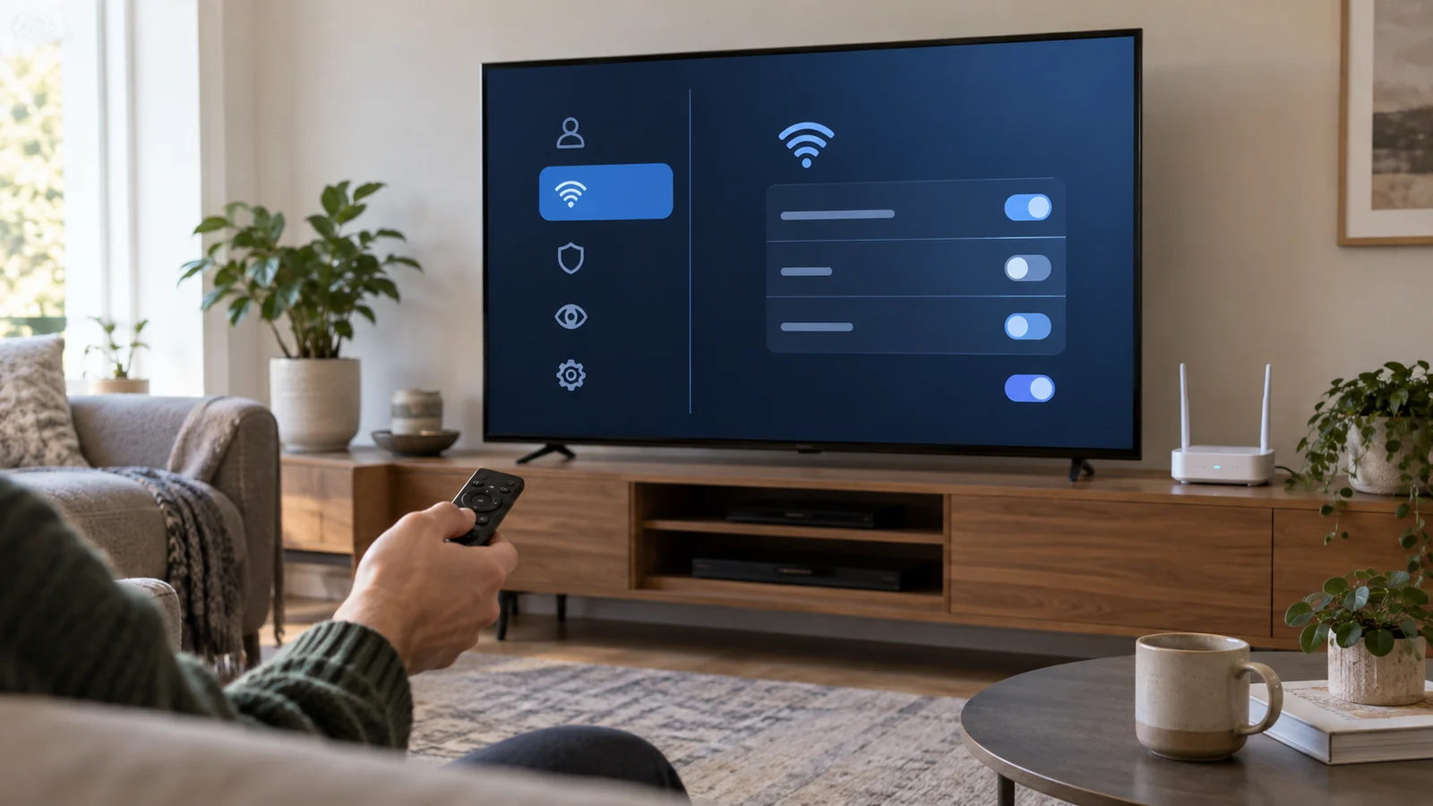 An unbranded smart TV showing abstract privacy controls beside a home Wi-Fi router