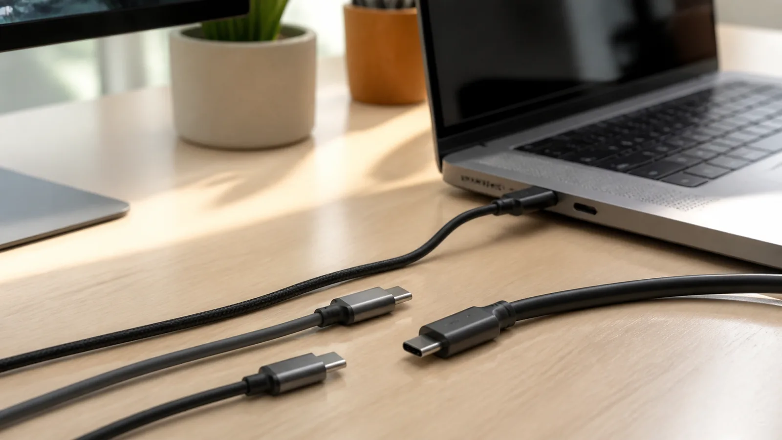 Three unbranded USB-C cables beside an unbranded laptop on a desk