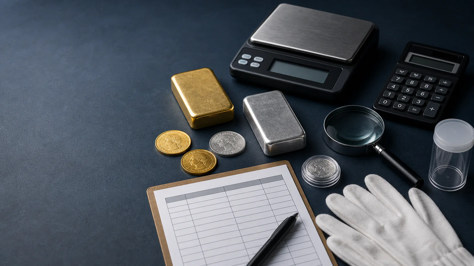Generic bullion, coins, scale, calculator, magnifier, gloves, and blank comparison sheet