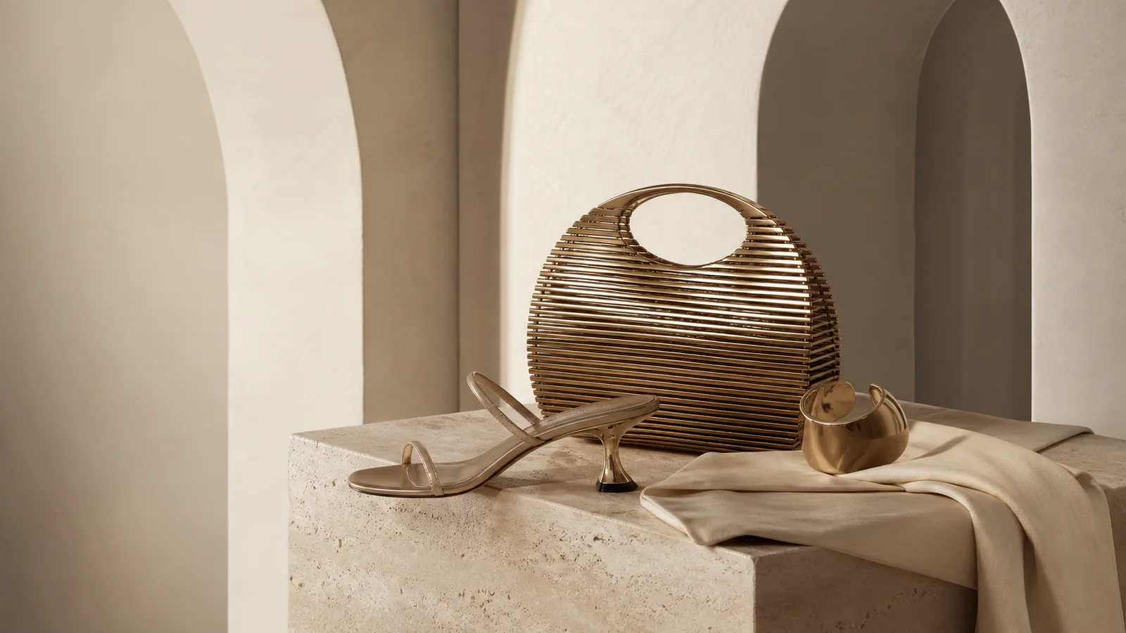Unbranded sculptural handbag, sandal, cuff, and neutral garment on a gallery set