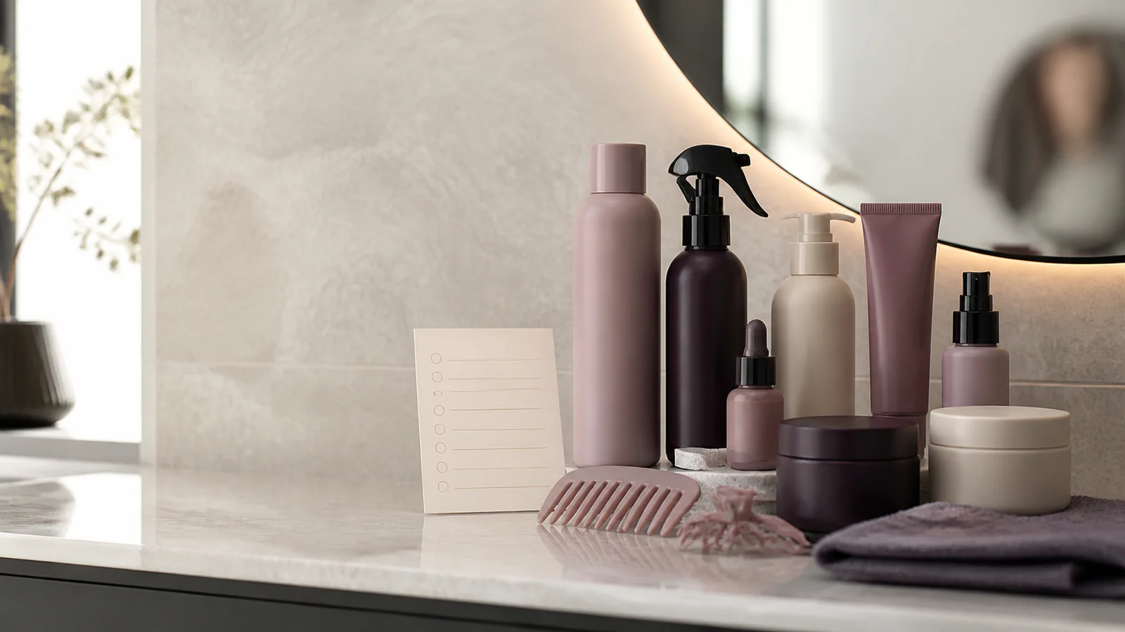 Unbranded hair-care bottles, jars, comb, clip, and blank ingredient checklist