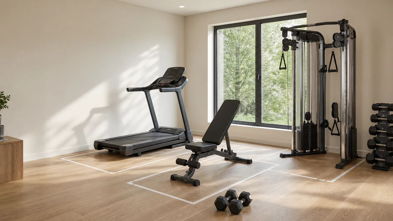 Unbranded treadmill, cable trainer, bench, and dumbbells in a measured home gym