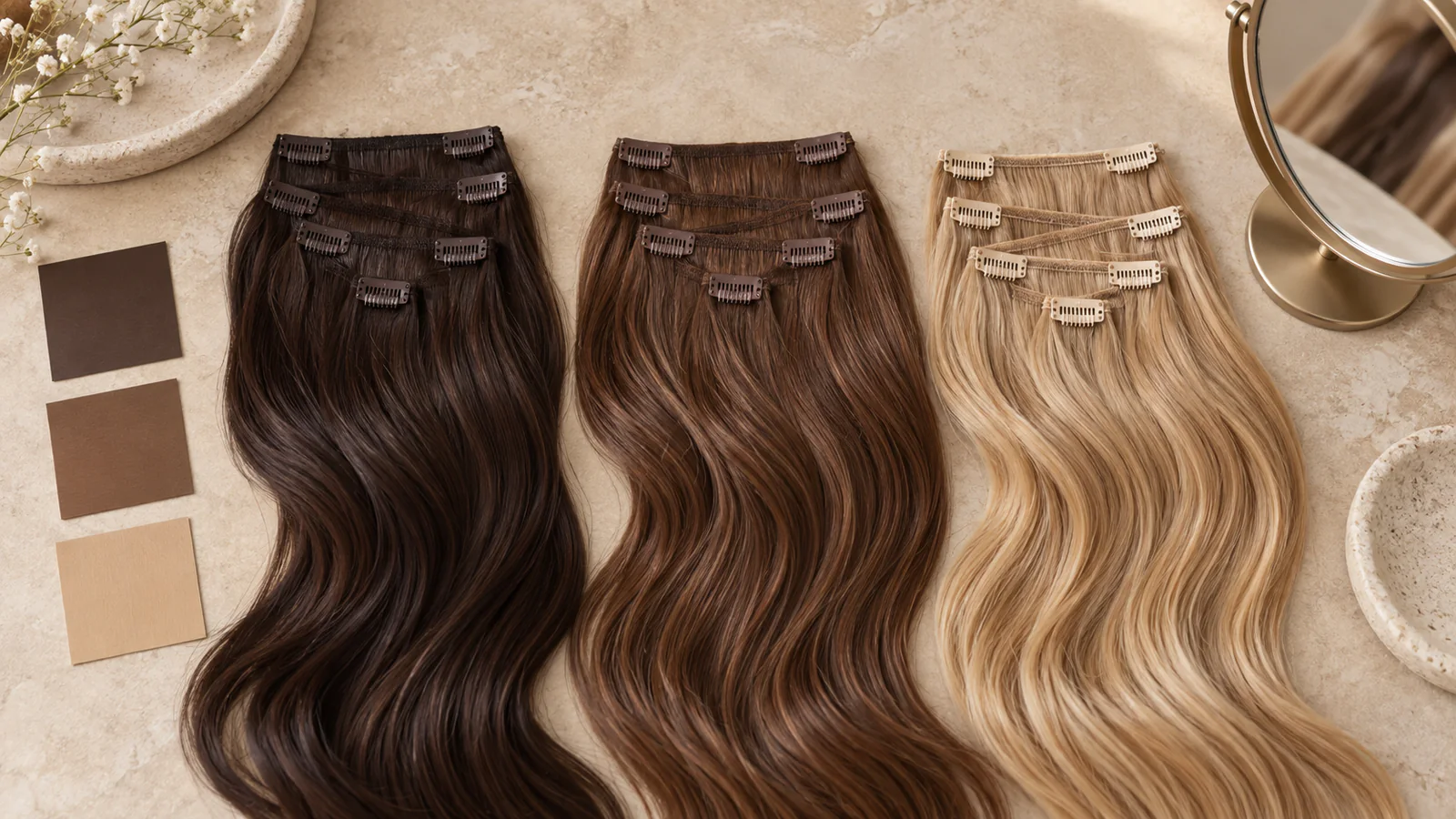 Unbranded brunette, brown, and blonde clip-in hair extension wefts arranged with plain shade swatches