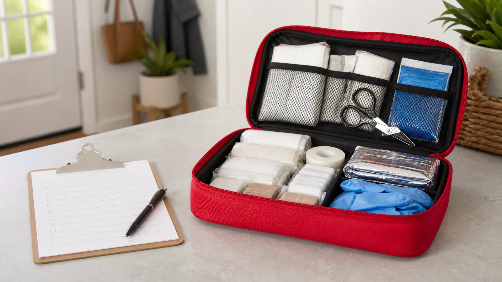 Unbranded organized first-aid pouch with bandages, gauze, gloves, and checklist