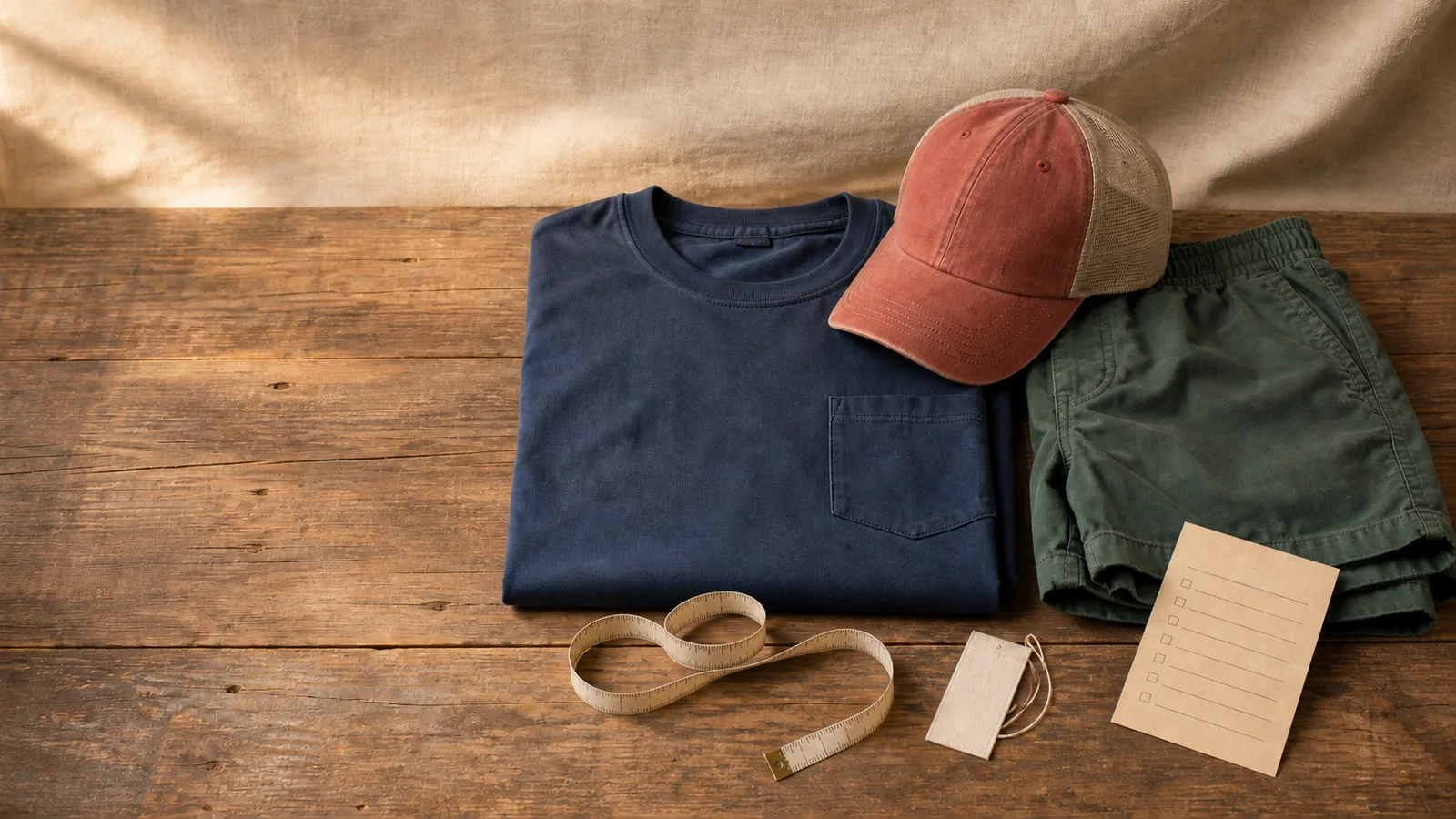 Unbranded pocket T-shirt, cap, shorts, measuring tape, care label, and blank sizing checklist on wood