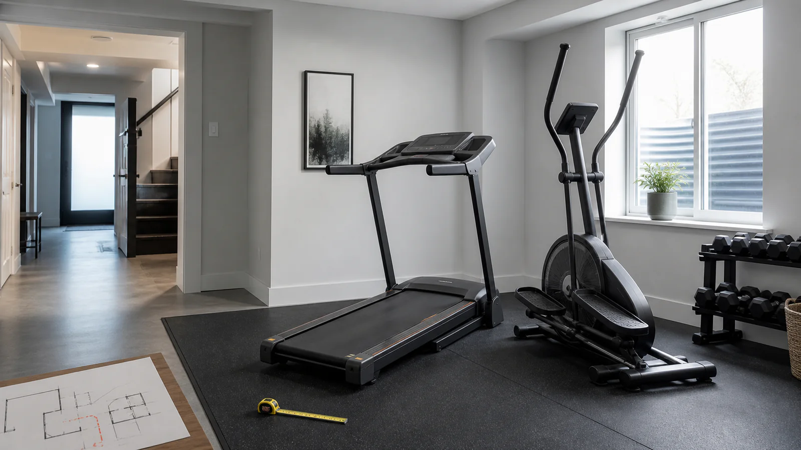 Unbranded treadmill and elliptical beside a measured delivery path in a home gym