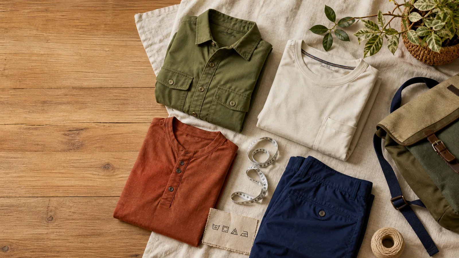 Unbranded casual clothing, measuring tape, and canvas bag arranged on natural wood
