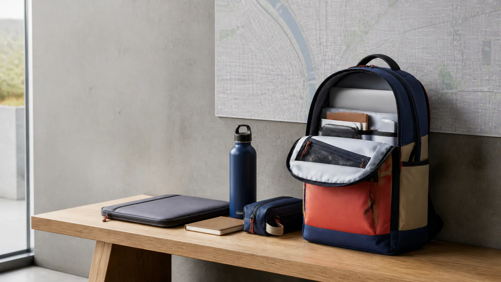 Unbranded color-block backpack with laptop sleeve and travel accessories