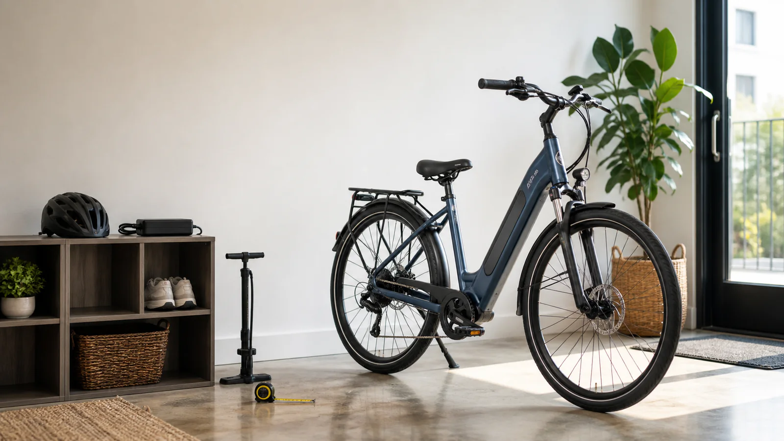 Unbranded step-through electric commuter bicycle with helmet, charger, pump, and fit tape